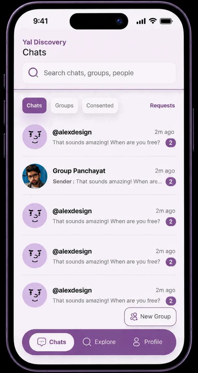 ENIP chats screen listing anonymous conversations and groups